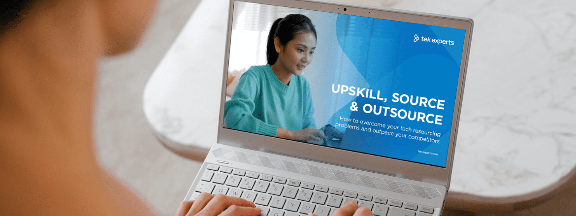 Upskill, Source & Outsource blog article opened on a laptop